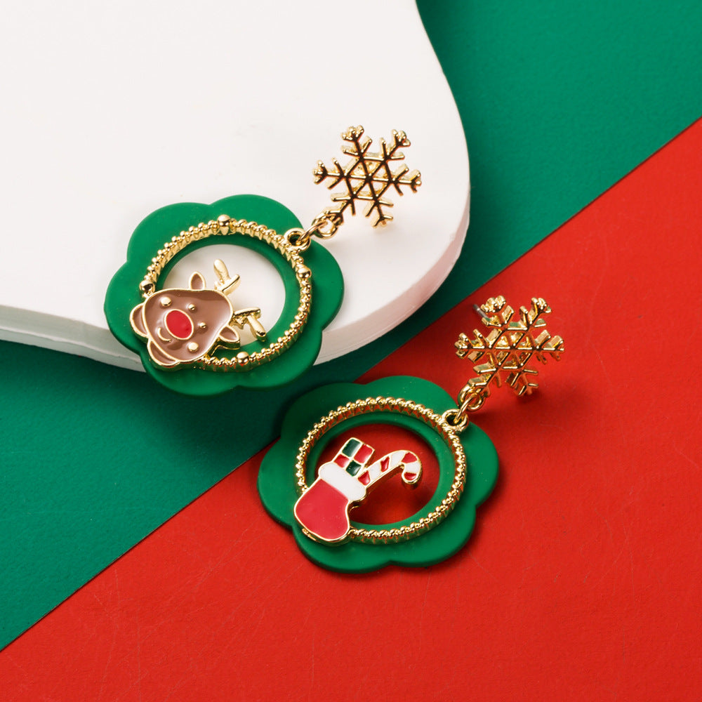 Wholesale Christmas Series Fashion Oil Dripping Elk Snowflake Candy Earrings